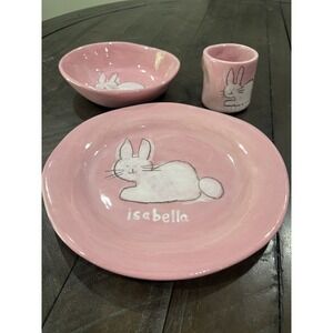 Alex Marshall Studios "Isabella" Bunny Childs 3 Piece Dish Set Pink‎ Bowl Cup